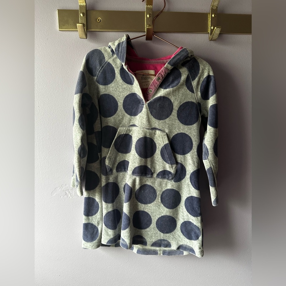 Mini Boden Grey & Purple Polka Dot Terry Cloth Hooded Dress Size 3-4 Years